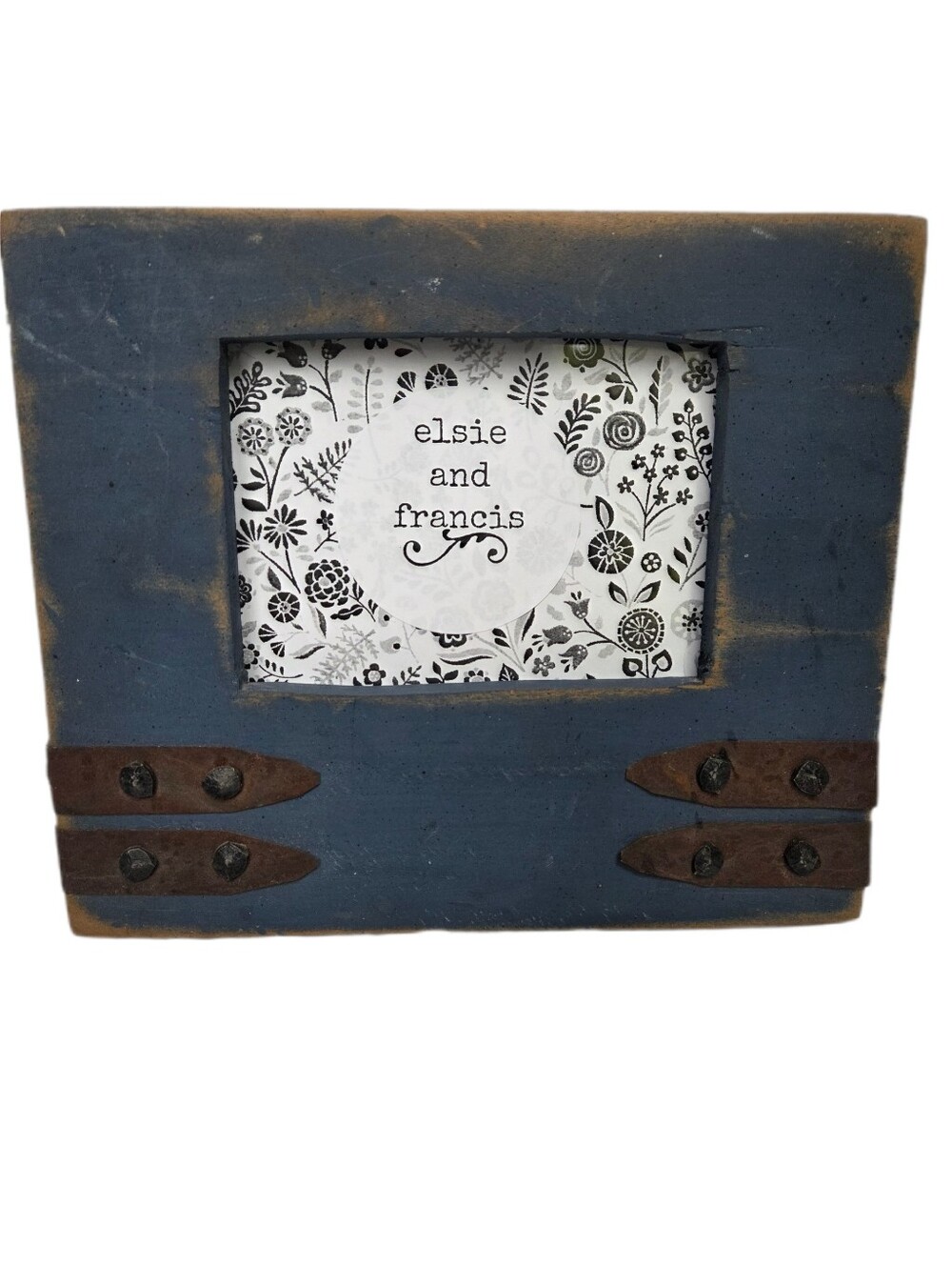 Vintage Blue Rustic Wood Photo Frame with Metal Strap Accents Handmade